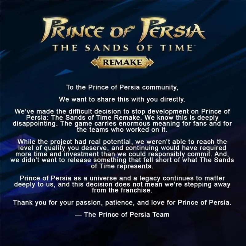 Ubisoft enciende la furia de los jugadores (otra vez) 6 Aviso de cancelación de Prince of Persia, por el equipo de Ubisoft
