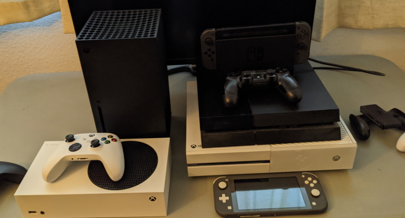 A big pile of gaming consoles
