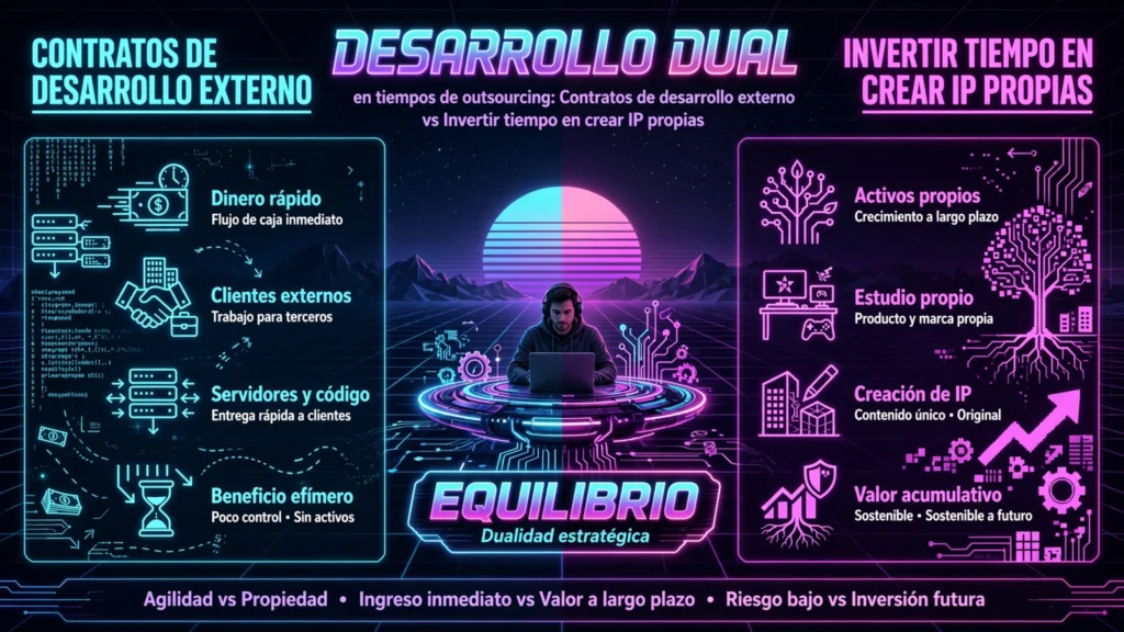 Desarrollo externo vs IP propia: outsourcing la escena gamedev 10 desarrollo dual infographic